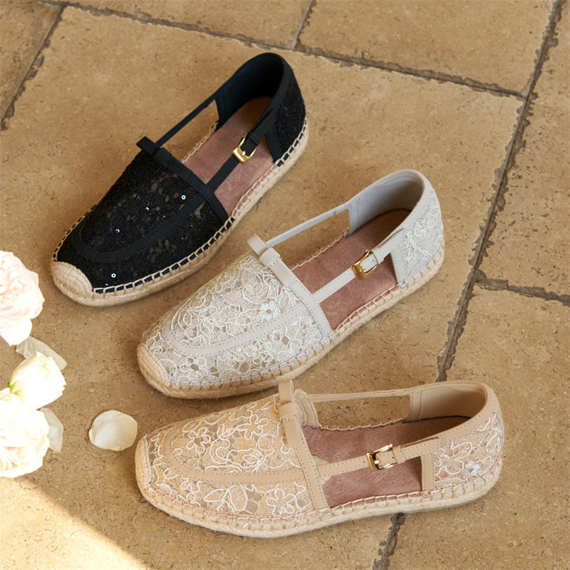 Women'S Shoes Loafers Black - J&M Women Loafers Korean Floral Lace