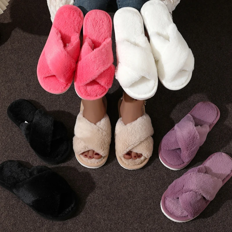Women'S Shoes Non Slip - Cross Warm Fluffy Furry Slippers Women