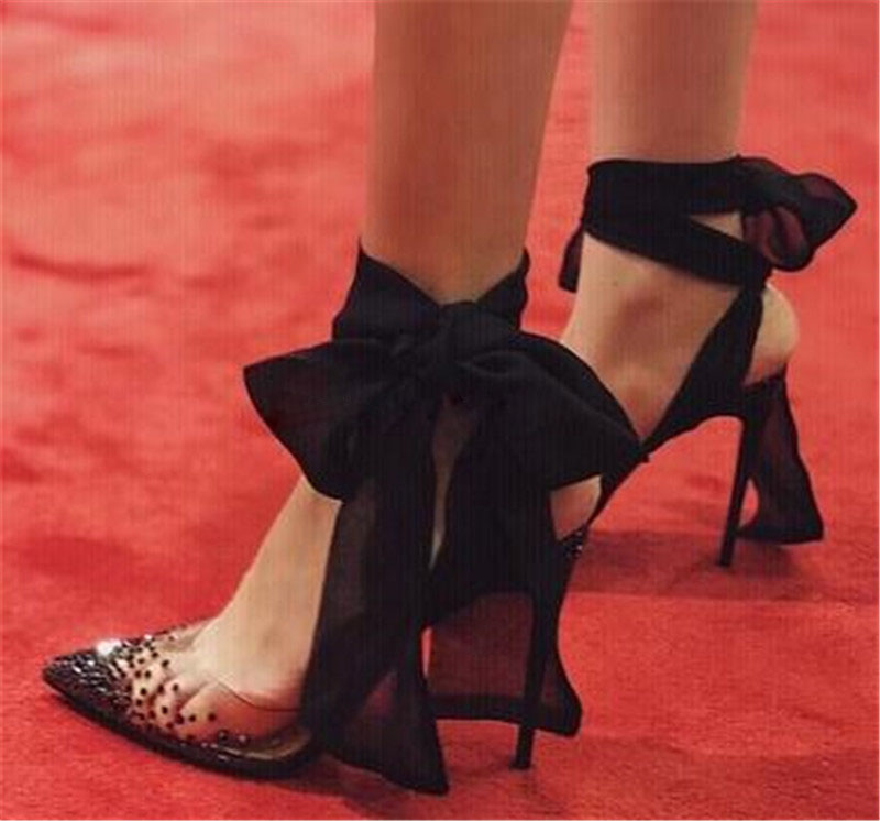 Red White Black Mesh Ribbon La - Clear Strap Heel 리뷰 및 가격