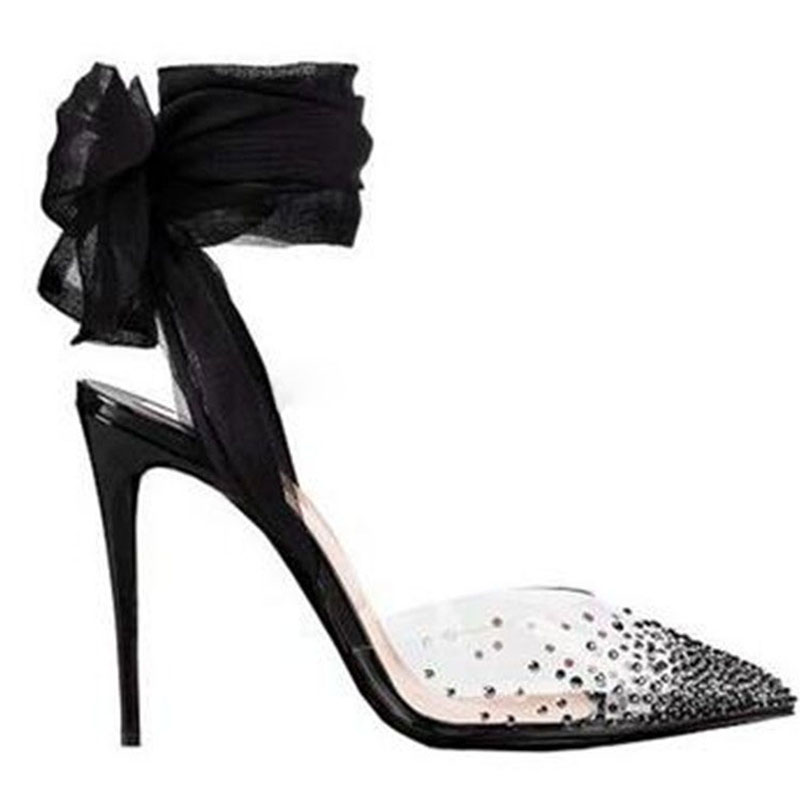 Red White Black Mesh Ribbon La - Clear Strap Heel 리뷰 및 가격