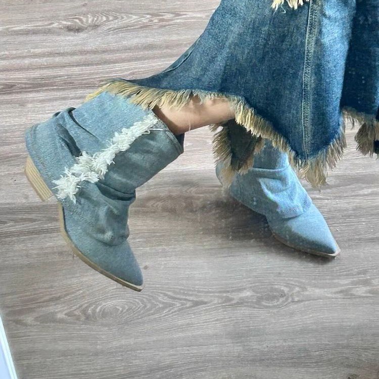 Pleated Denim Ankle Boots Wome - Women Shoes Jeans 리뷰 및 가격