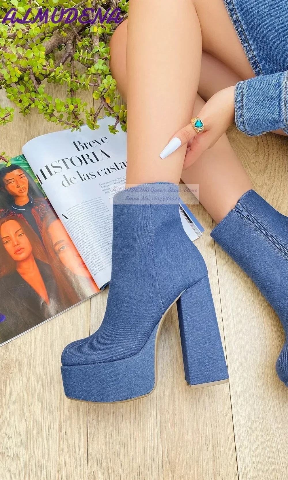 ALMUDENA Blue Denim Block Heel - Women Shoes Jeans 리뷰 및 가격